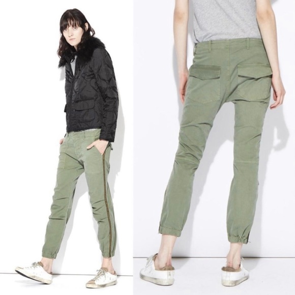 Nili Lotan Cropped French Military Pants Camo Green Grosgrain Tape - Picture 1 of 8